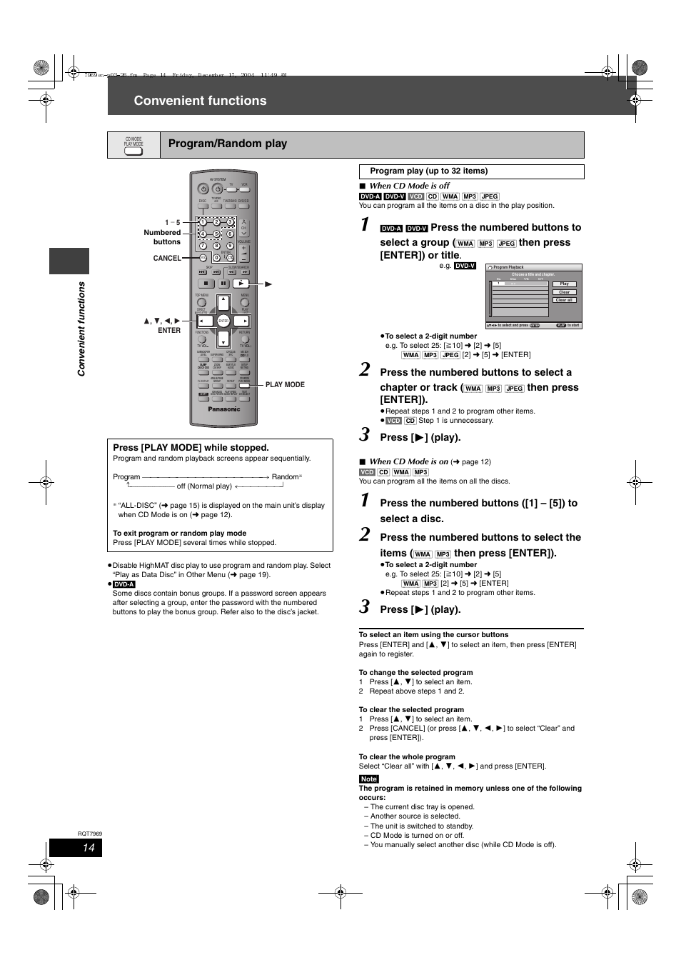 Convenient functions, Program/random play, Press the numbered buttons to select a group | Then press [enter]) or title, Then press [enter]), Press [ 1 ] (play), Press the numbered buttons to select the items, Press [play mode] while stopped | Panasonic SC-HT680 User Manual | Page 14 / 32