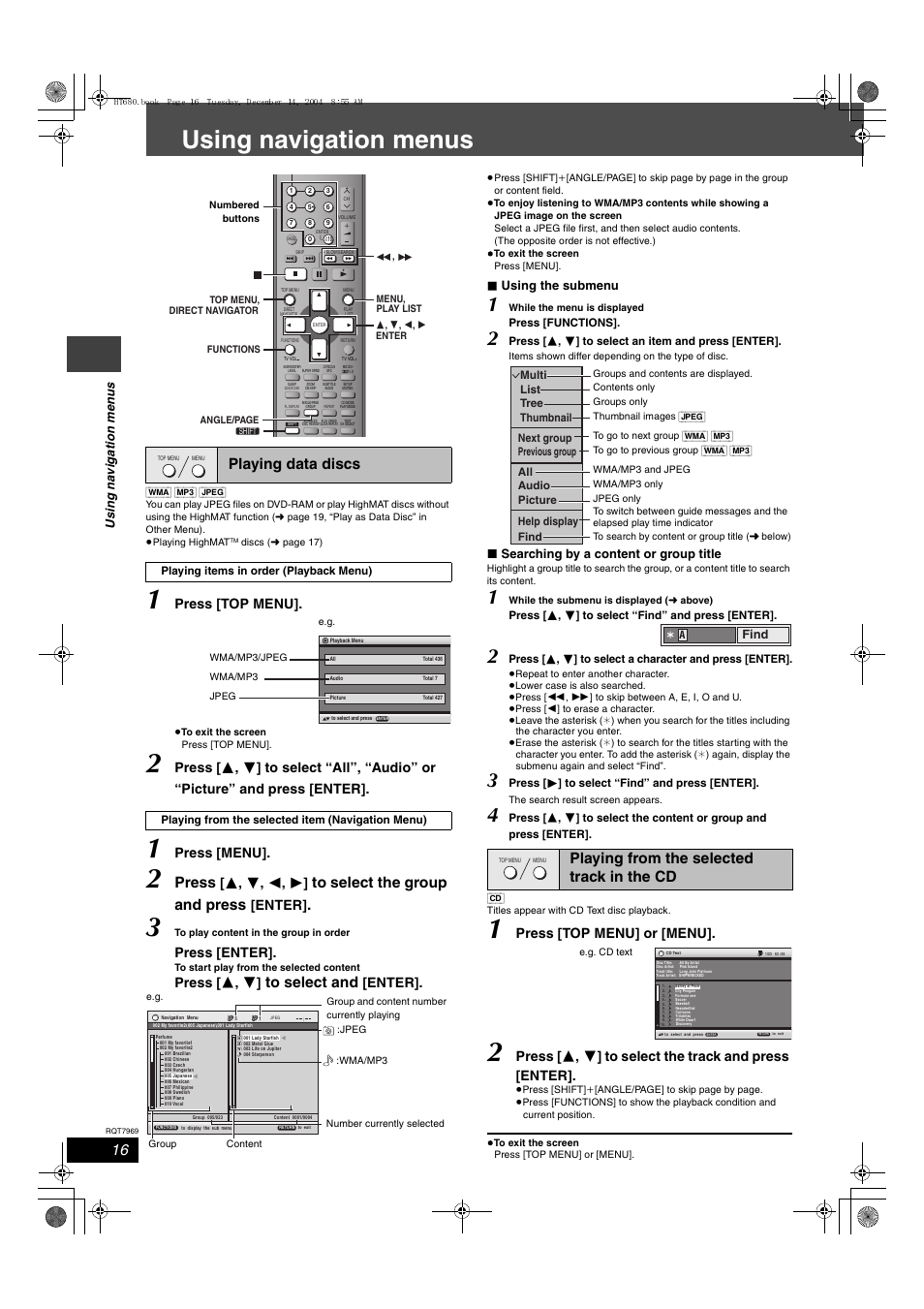 Using navigation menus, Press, Playing data discs | Playing from the selected track in the cd, Press [top menu, Press [menu, Enter, Press [enter, Press [ 3 , 4, Press [top menu] or [menu | Panasonic SC-HT680 User Manual | Page 16 / 32