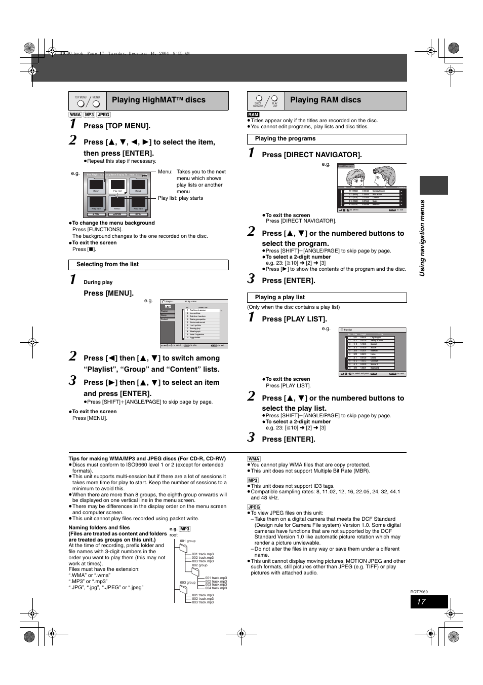 Playing highmat, Discs, Playing ram discs | Press [top menu, Press [menu, Press [direct navigator, Press [enter, Press [play list, Us in g na v iga tion me n u s | Panasonic SC-HT680 User Manual | Page 17 / 32