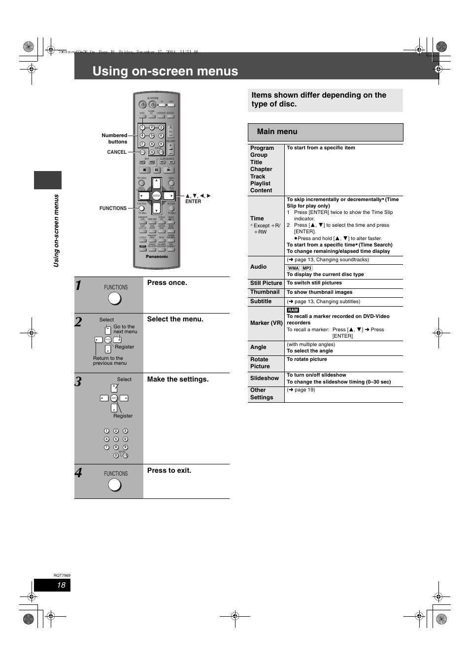 Using on-screen menus, Press once, Select the menu | Make the settings, Press to exit, Us ing on- s c re e n me n u s | Panasonic SC-HT680 User Manual | Page 18 / 32