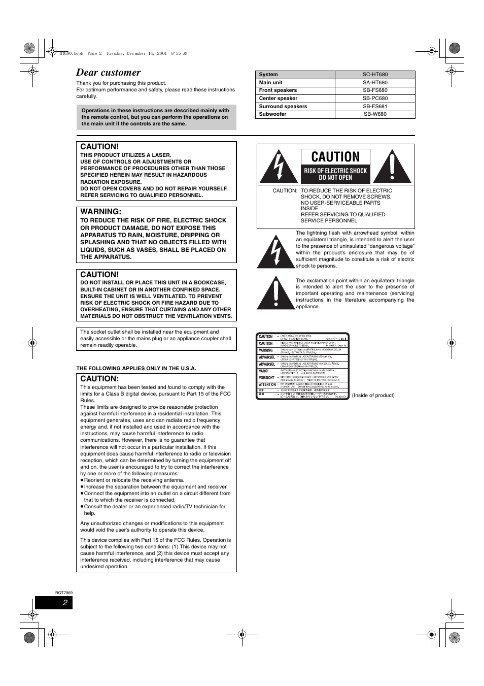 Dear customer, Caution, Warning | Panasonic SC-HT680 User Manual | Page 2 / 32