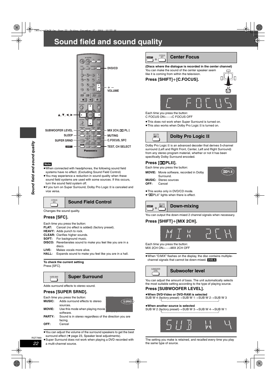 Other operations, Sound field and sound quality, Sound field control super surround | Press [sfc, Press [super srnd, Press [shift] i [c.focus, Press [ î plii, Press [shift] i [mix 2ch, Press [subwoofer level | Panasonic SC-HT680 User Manual | Page 22 / 32