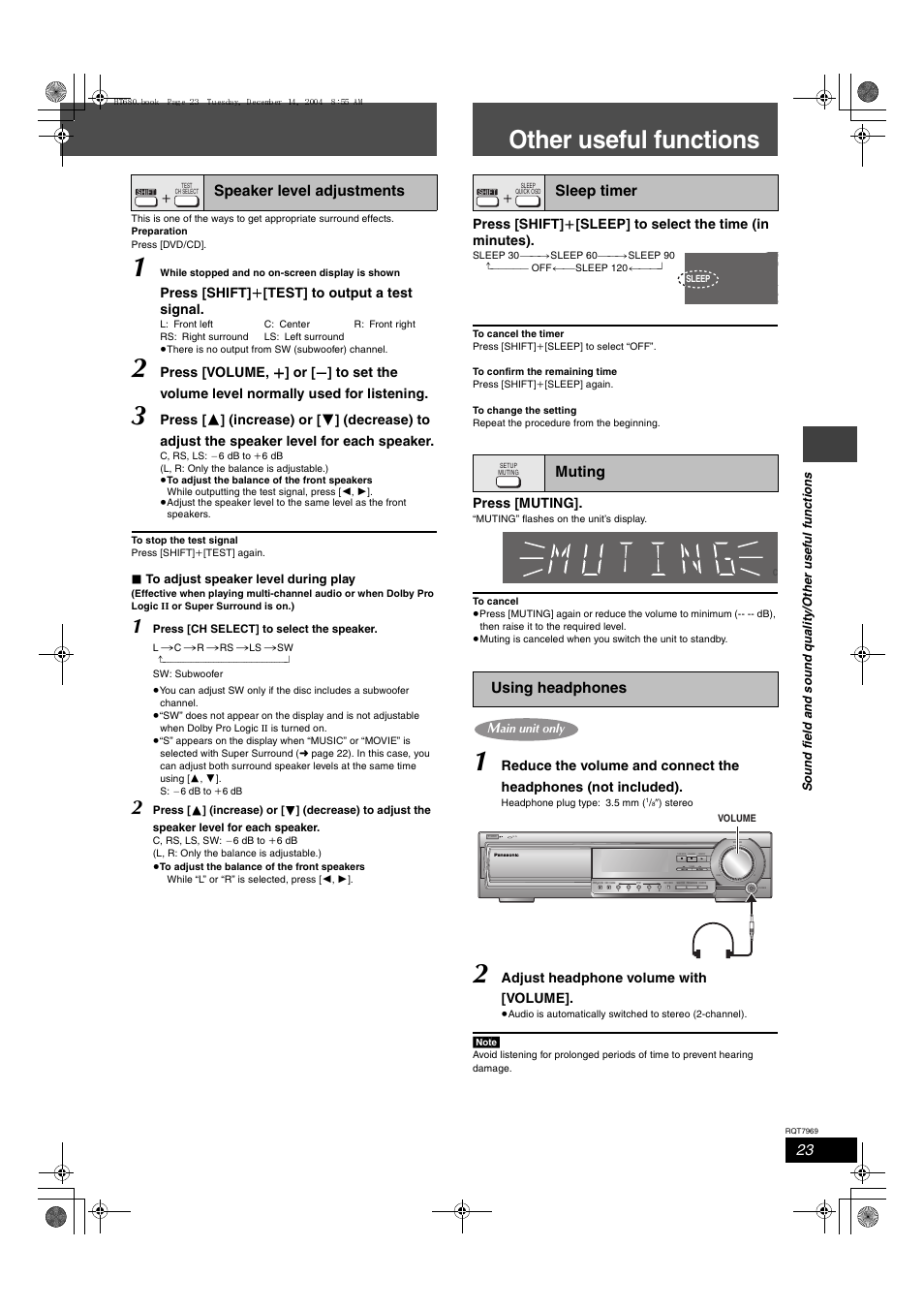 Other useful functions, Speaker level adjustments, Sleep timer muting using headphones | Panasonic SC-HT680 User Manual | Page 23 / 32