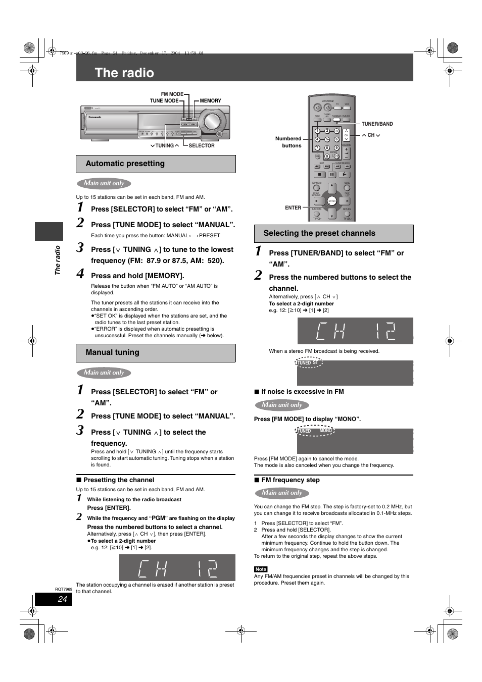 The radio, Automatic presetting manual tuning, Selecting the preset channels | Press [selector] to select “fm” or “am, Press [tune mode] to select “manual, Press [ x tuning w ] to select the frequency, Press [tuner/band] to select “fm” or “am, Press the numbered buttons to select the channel | Panasonic SC-HT680 User Manual | Page 24 / 32