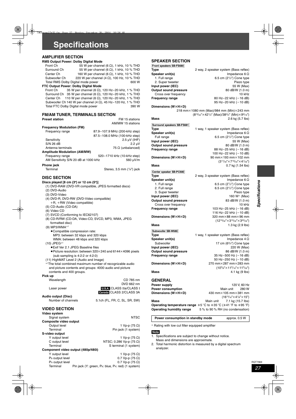 Specifications | Panasonic SC-HT680 User Manual | Page 27 / 32