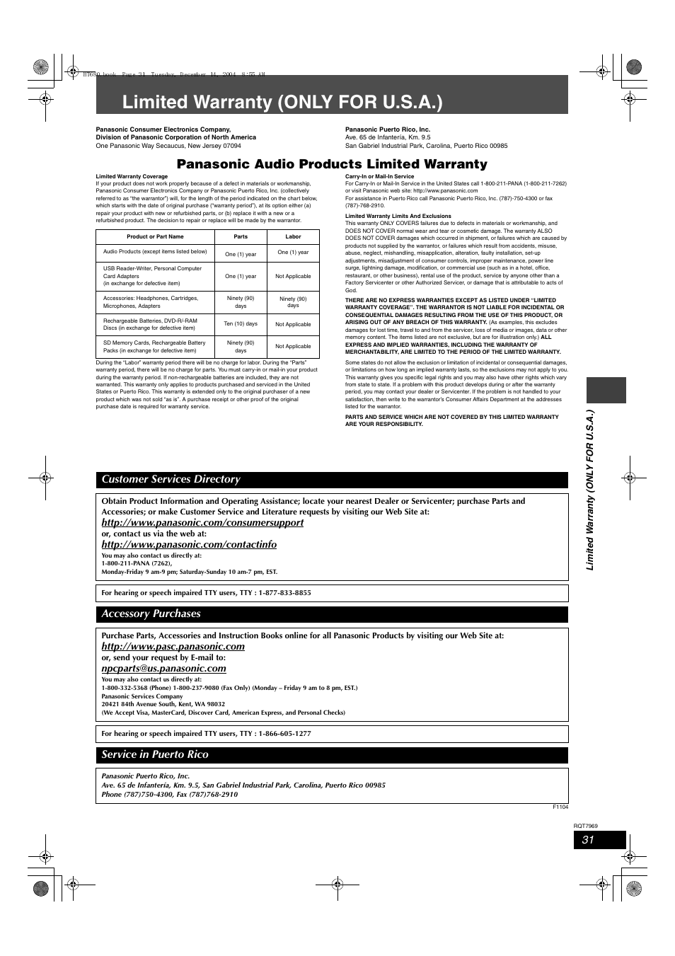 Limited warranty (only for u.s.a.), Panasonic audio products limited warranty, Customer services directory | Accessory purchases, Service in puerto rico | Panasonic SC-HT680 User Manual | Page 31 / 32