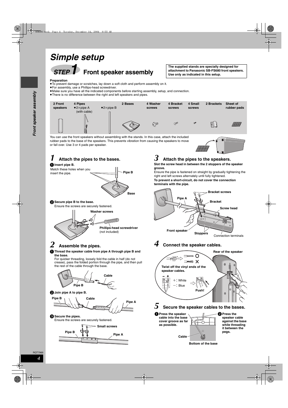 Simple setup, Step 1 front speaker assembly, Step | Front speaker assembly | Panasonic SC-HT680 User Manual | Page 4 / 32