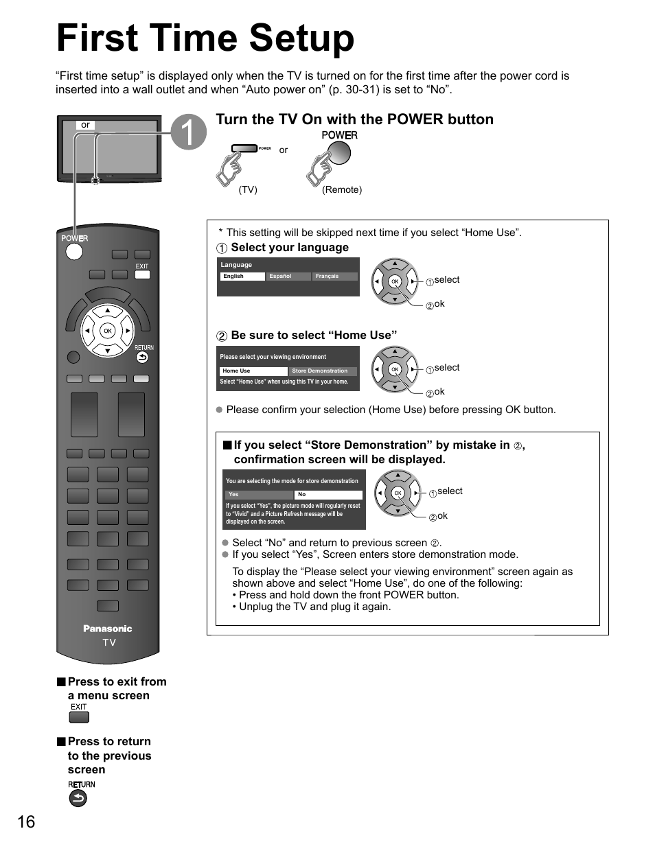 First time setup, Turn the tv on with the power button | Panasonic TC-42PS14 User Manual | Page 16 / 58