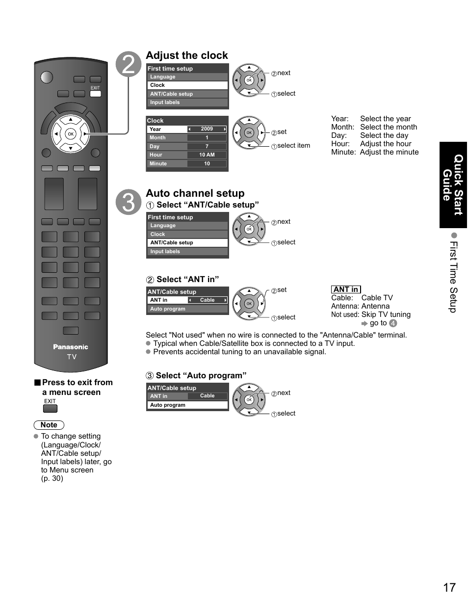 Quick start guide, Adjust the clock, Auto channel setup | First t ime setup | Panasonic TC-42PS14 User Manual | Page 17 / 58