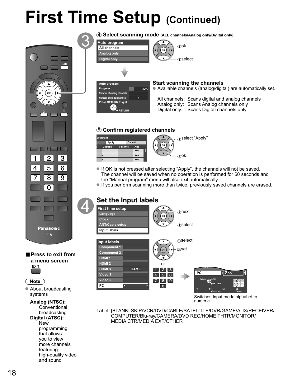 First time setup, Continued), Set the input labels | Press to exit from a menu screen, Select scanning mode, Start scanning the channels, Confirm registered channels | Panasonic TC-42PS14 User Manual | Page 18 / 58