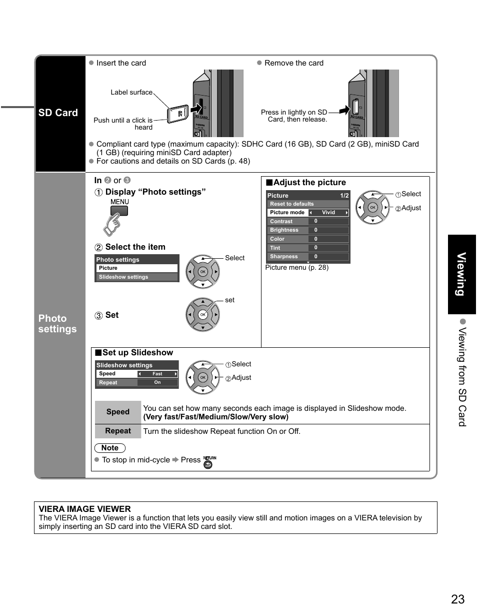 Viewing, Viewing from sd card sd card, Photo settings | Panasonic TC-42PS14 User Manual | Page 23 / 58