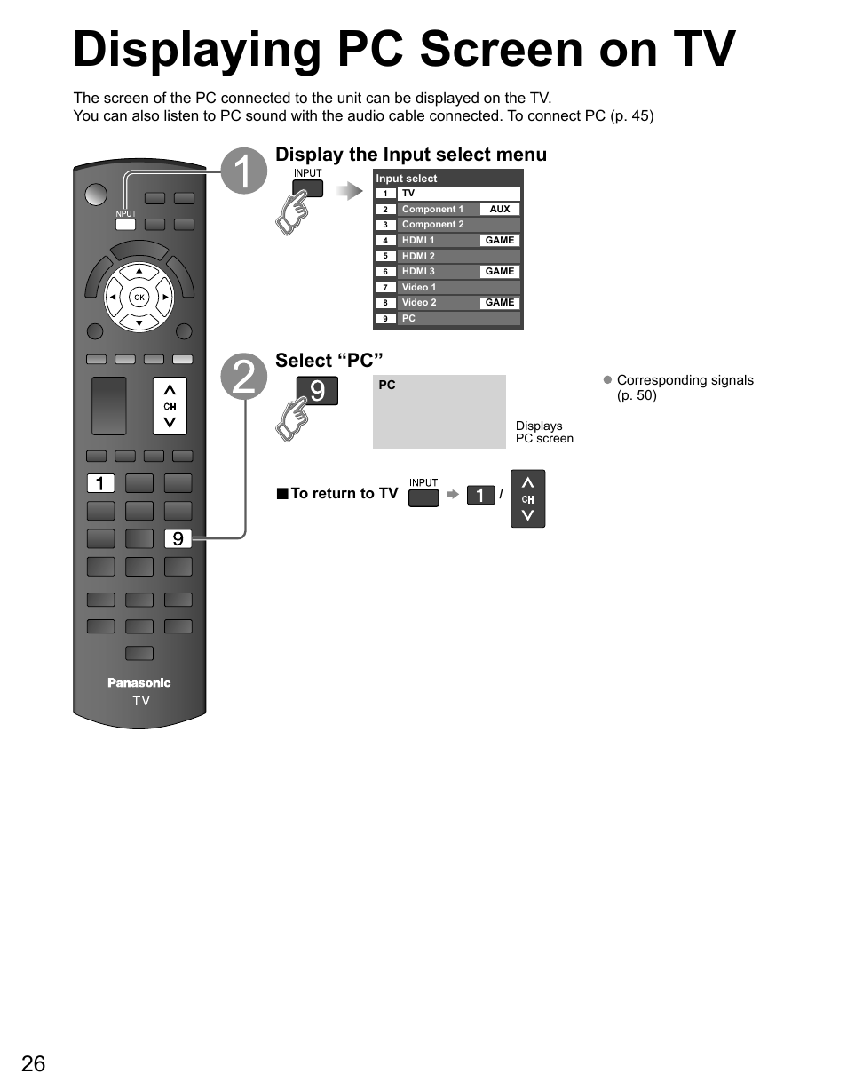 Displaying pc screen on tv, Display the input select menu, Select “pc | Panasonic TC-42PS14 User Manual | Page 26 / 58
