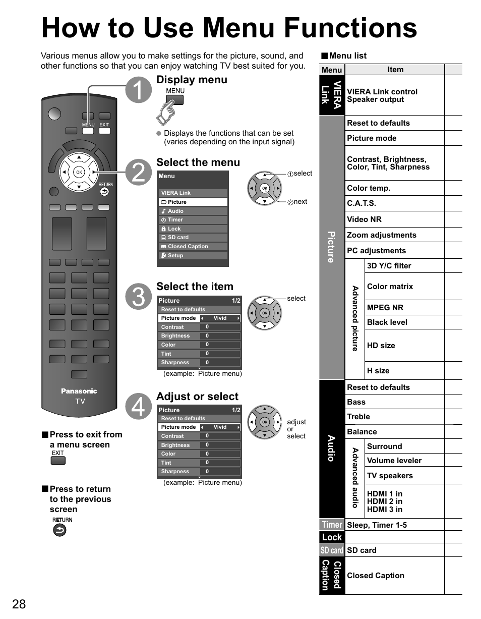 How to use menu functions, Display menu, Select the menu | Select the item, Adjust or select | Panasonic TC-42PS14 User Manual | Page 28 / 58