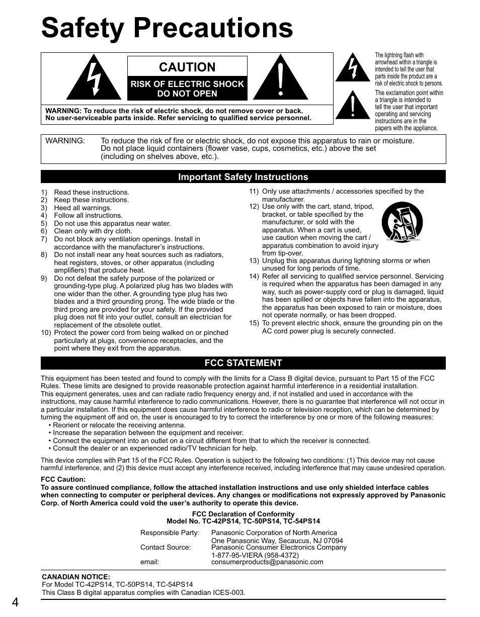 Safety precautions, Caution, Important safety instructions | Fcc statement | Panasonic TC-42PS14 User Manual | Page 4 / 58