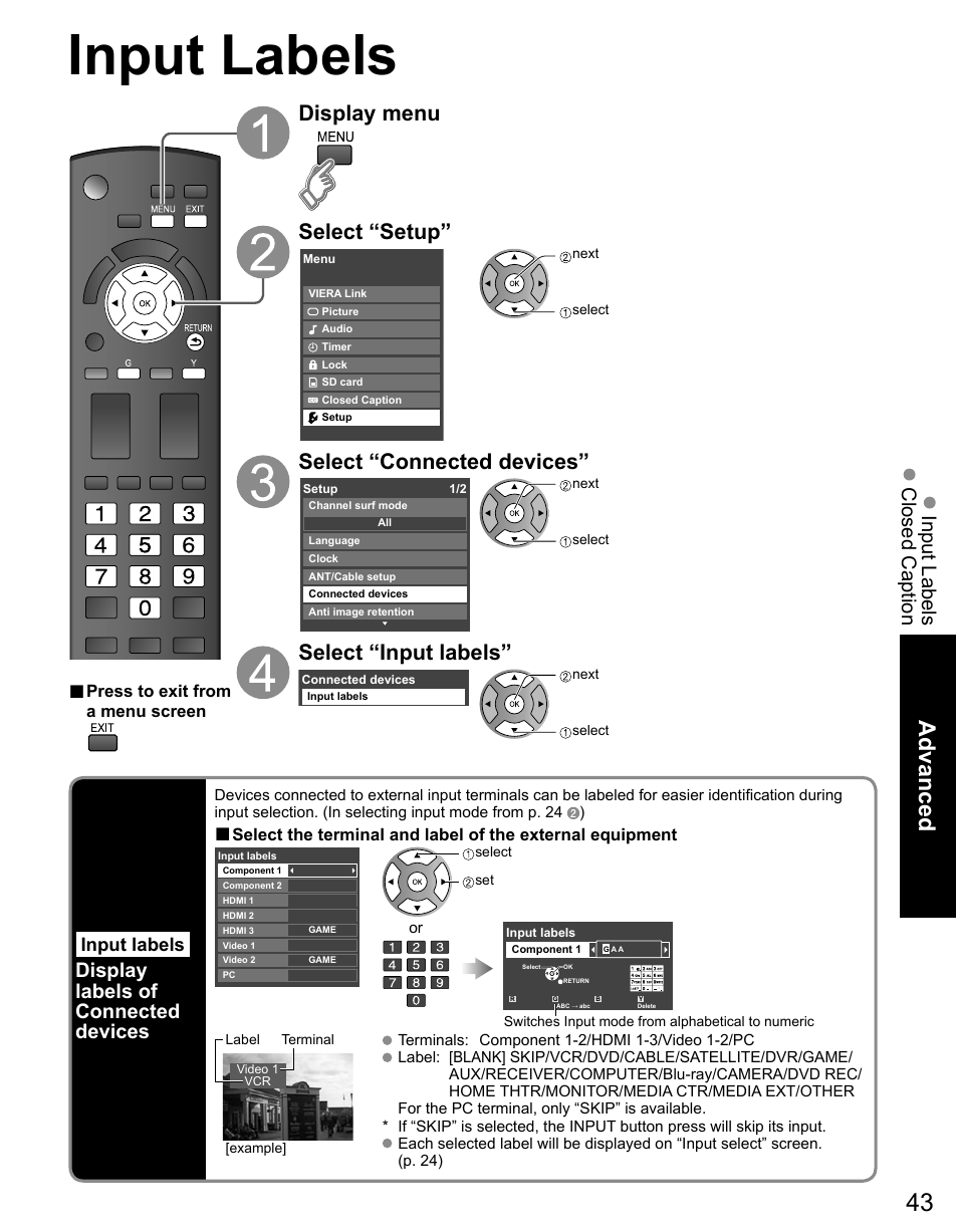 Input labels, Advanced, Display menu select “setup | Select “connected devices, Select “input labels, Input labels closed caption, Display labels of connected devices | Panasonic TC-42PS14 User Manual | Page 43 / 58