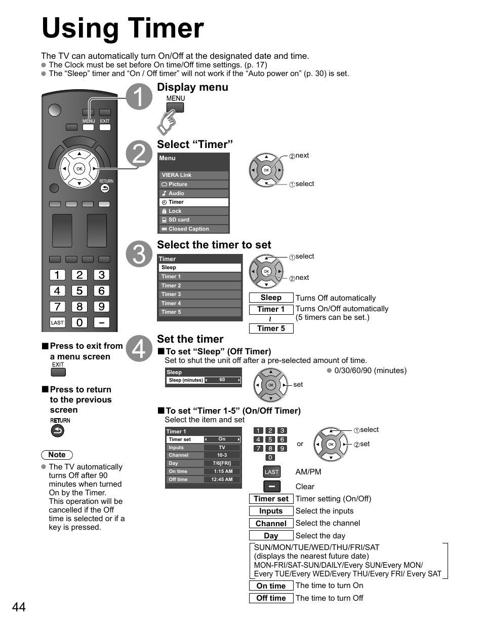 Using timer, Display menu select “timer, Select the timer to set | Set the timer | Panasonic TC-42PS14 User Manual | Page 44 / 58
