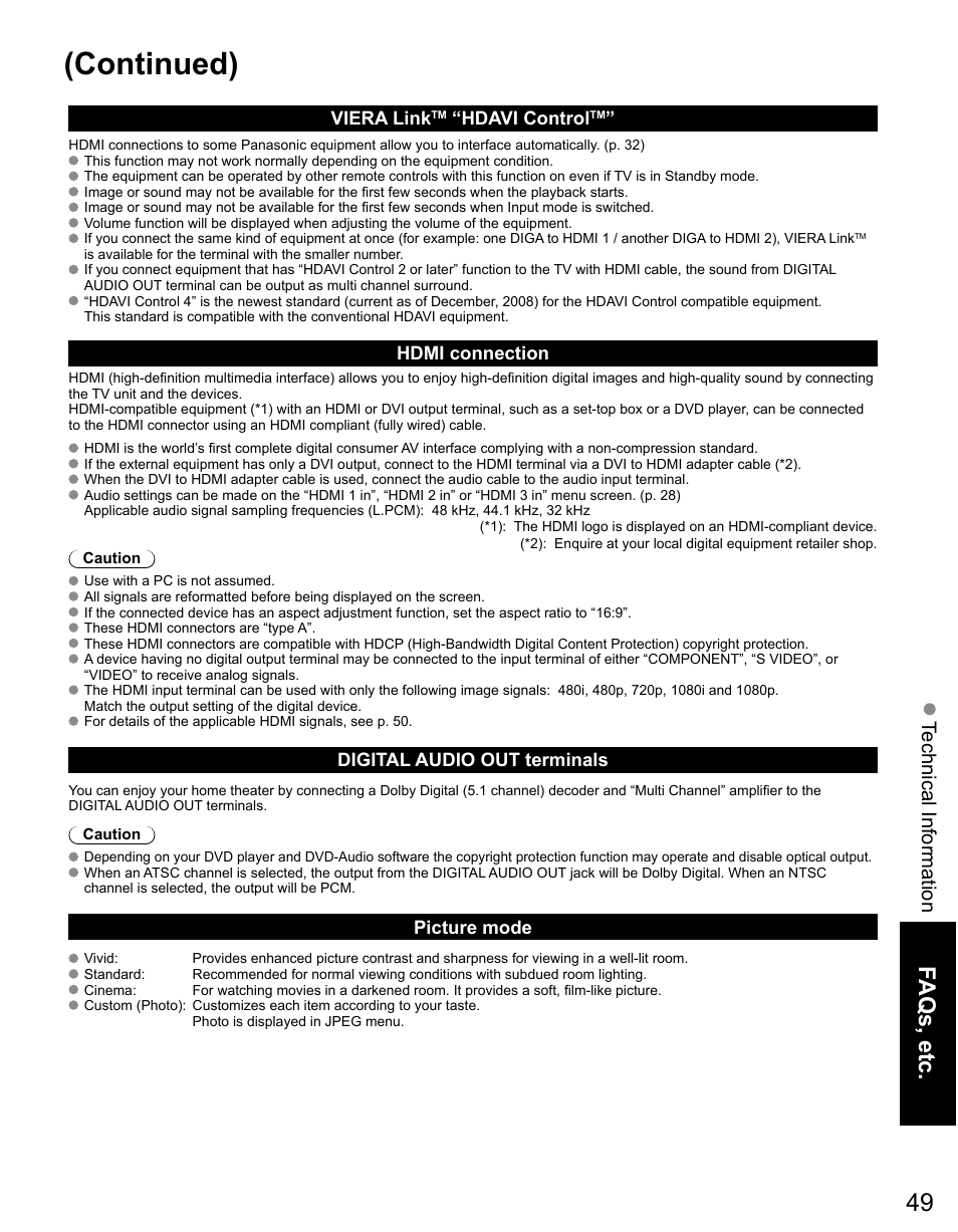 Continued), Faqs, etc, Technical information | Viera link, Hdavi control, Hdmi connection, Digital audio out terminals, Picture mode | Panasonic TC-42PS14 User Manual | Page 49 / 58
