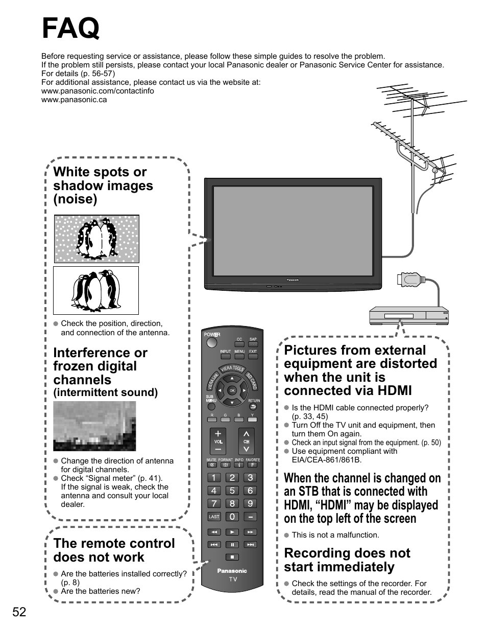 White spots or shadow images (noise), Interference or frozen digital channels, The remote control does not work | Recording does not start immediately | Panasonic TC-42PS14 User Manual | Page 52 / 58