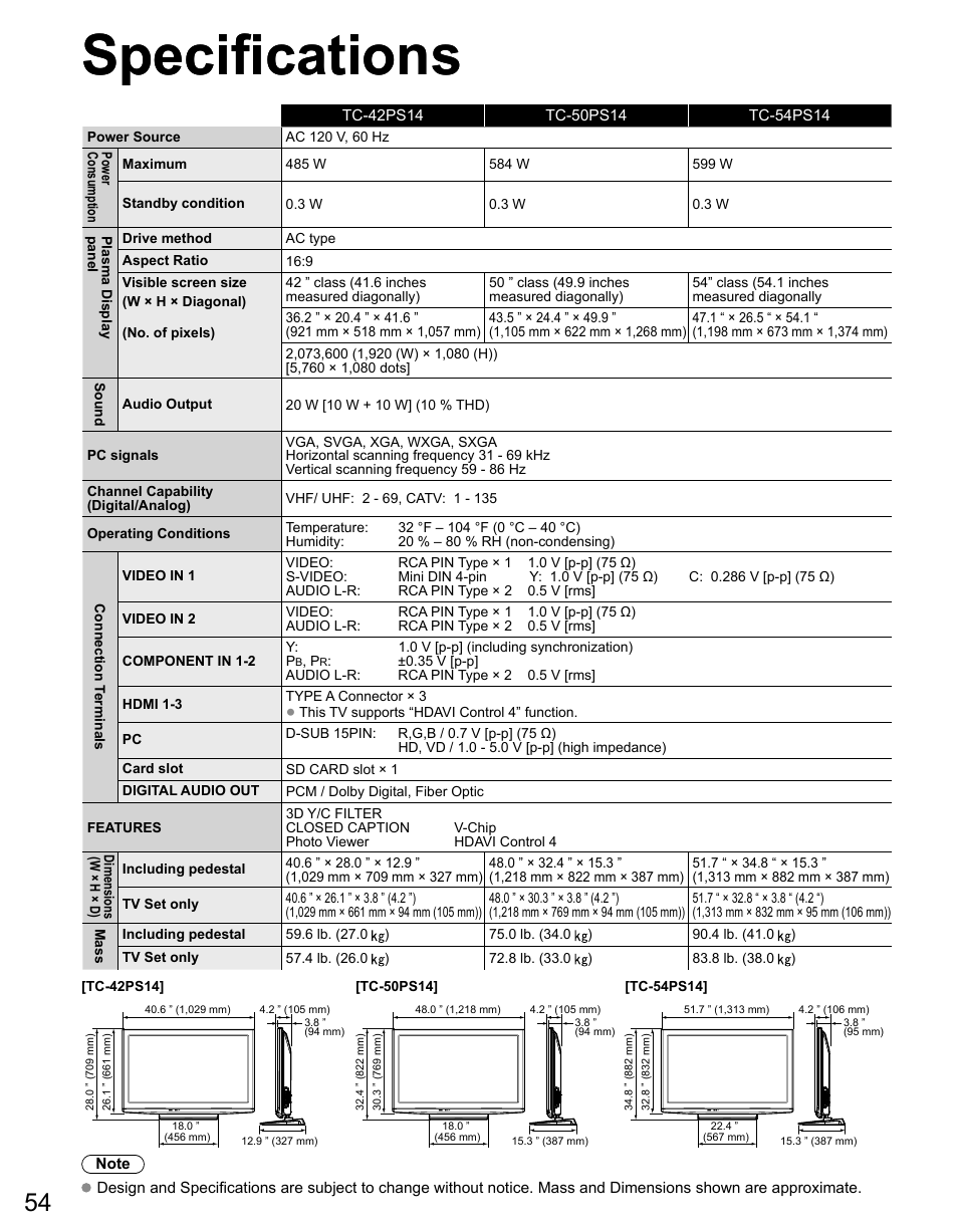 Specifications | Panasonic TC-42PS14 User Manual | Page 54 / 58