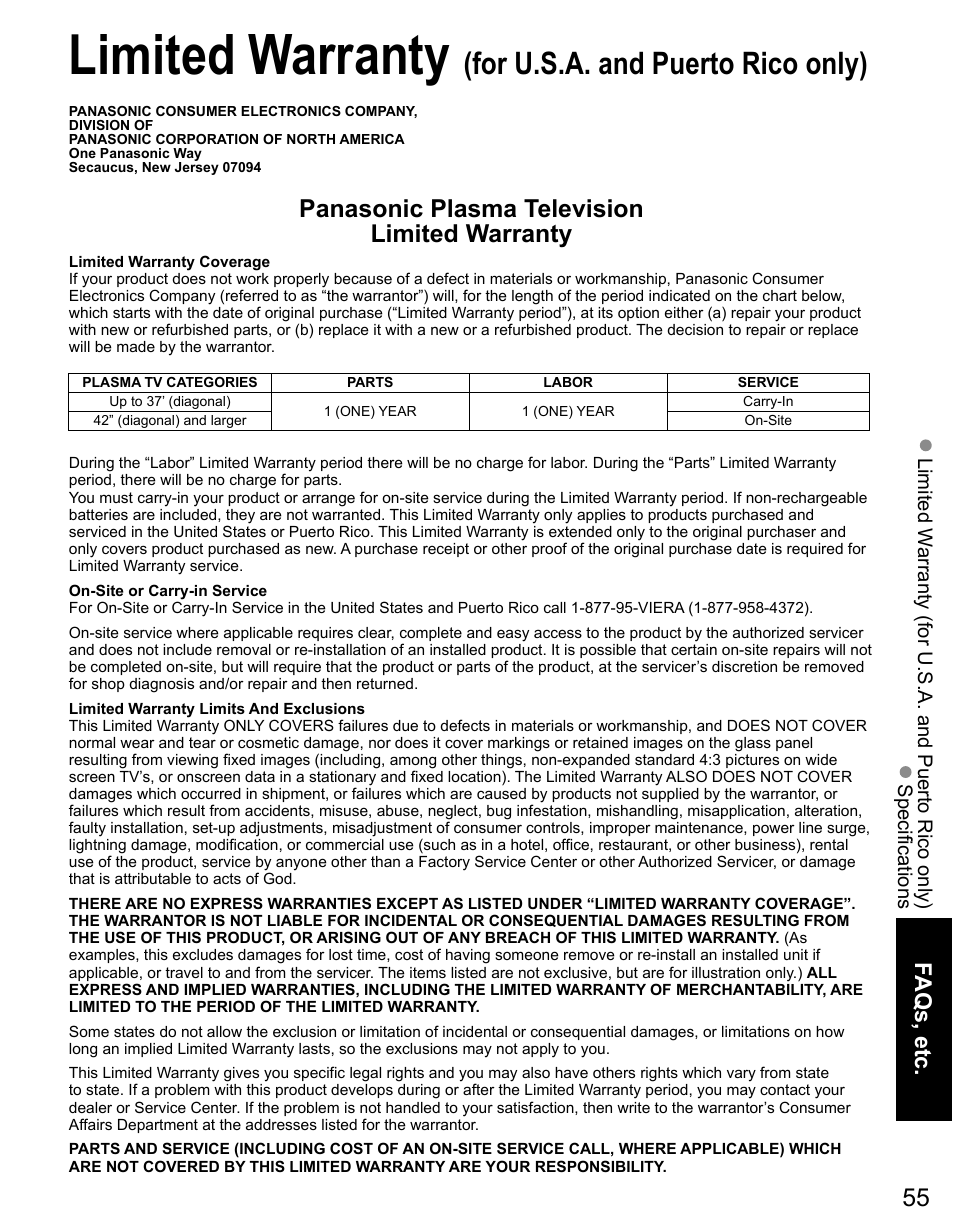 Limited warranty, For u.s.a. and puerto rico only), Panasonic plasma television limited warranty | Faqs, etc | Panasonic TC-42PS14 User Manual | Page 55 / 58