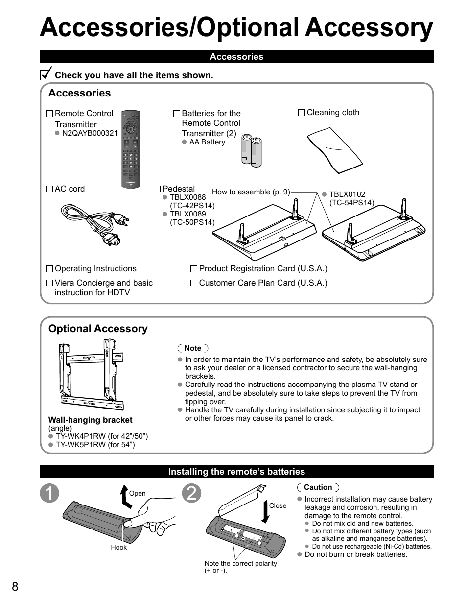 Accessories/optional accessory, Accessories, Optional accessory | Panasonic TC-42PS14 User Manual | Page 8 / 58