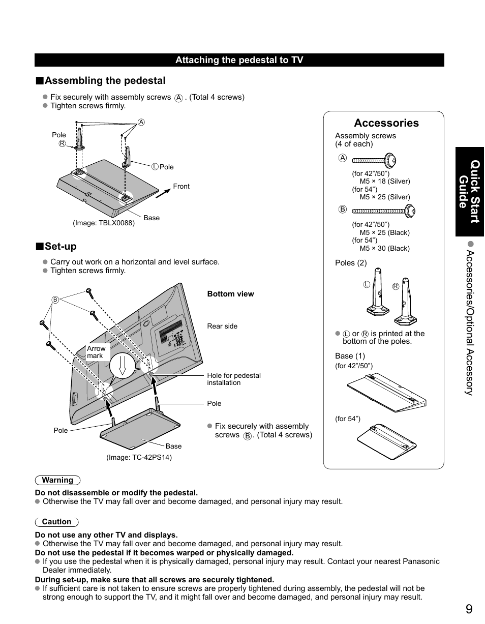 Quick start guide, Accessories, Accessories/optional accessory | Assembling the pedestal, Set-up | Panasonic TC-42PS14 User Manual | Page 9 / 58