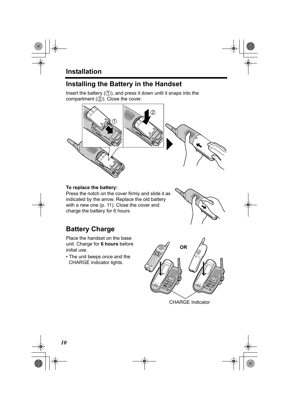 Installation, Installing the battery in the handset, Battery charge | Panasonic KX-TG2322 User Manual | Page 10 / 48