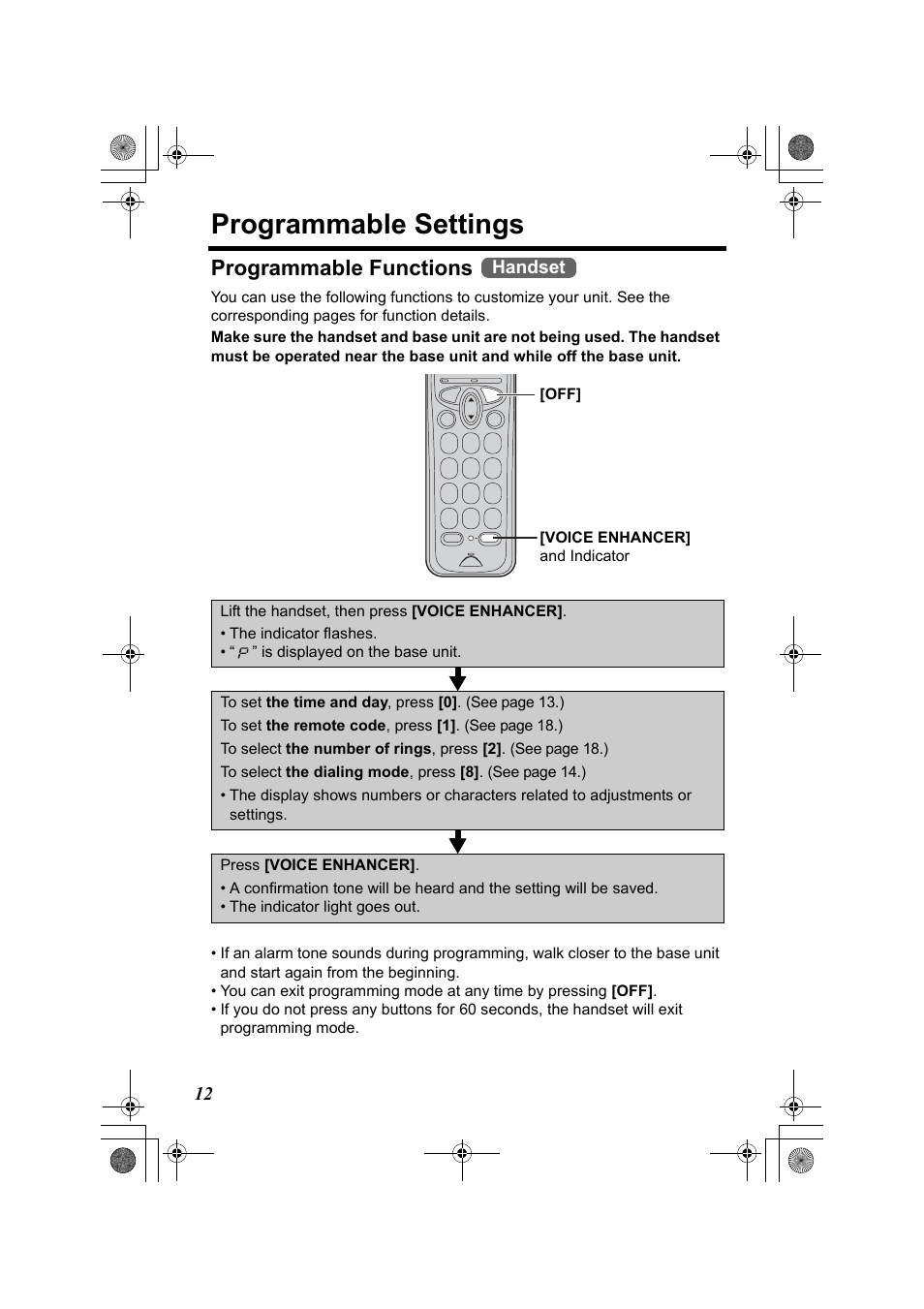 Programmable settings, Programmable functions | Panasonic KX-TG2322 User Manual | Page 12 / 48