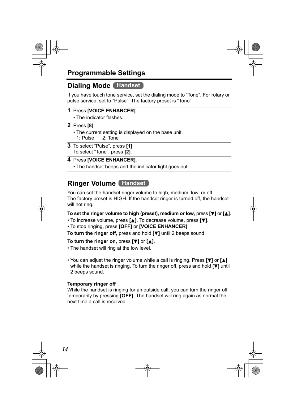 Programmable settings, Dialing mode, Ringer volume | Panasonic KX-TG2322 User Manual | Page 14 / 48