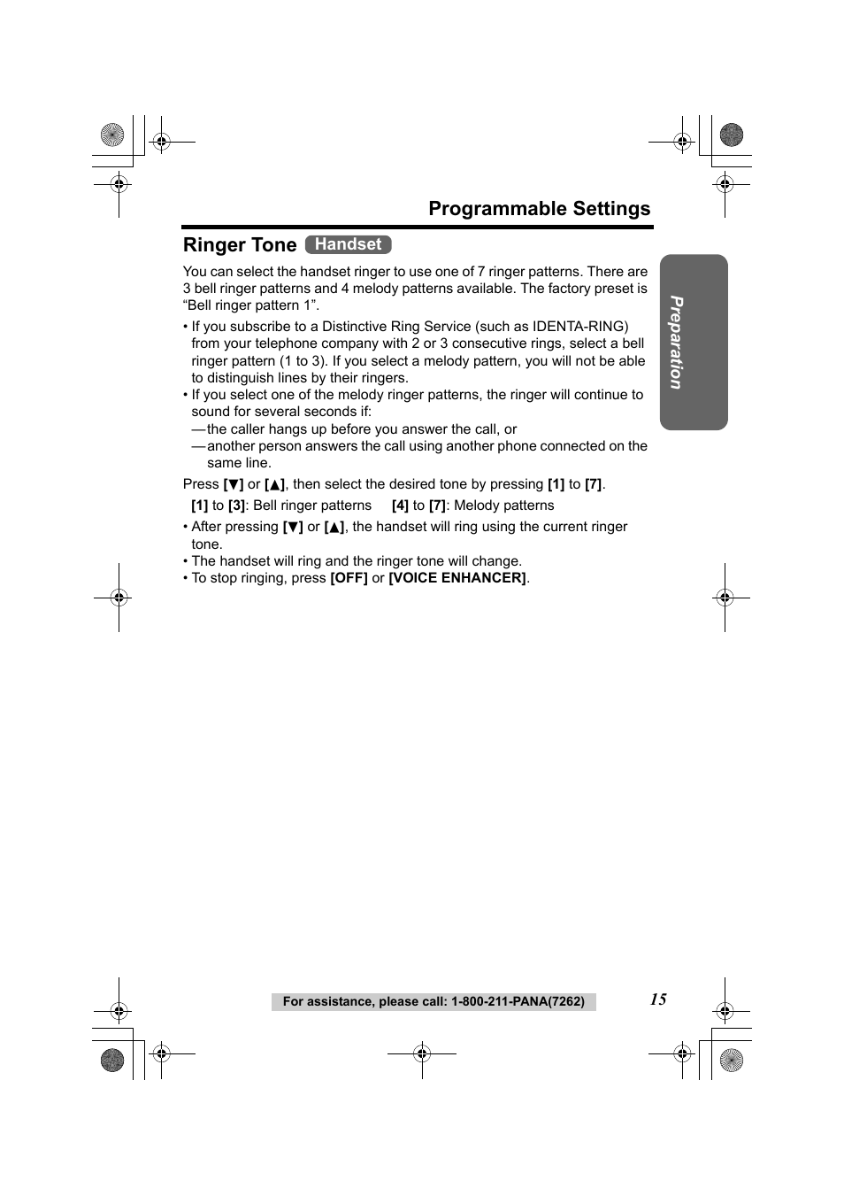 Programmable settings ringer tone | Panasonic KX-TG2322 User Manual | Page 15 / 48