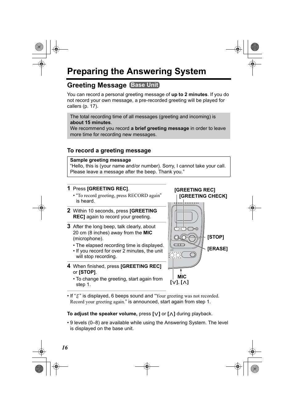 Preparing the answering system, Greeting message | Panasonic KX-TG2322 User Manual | Page 16 / 48