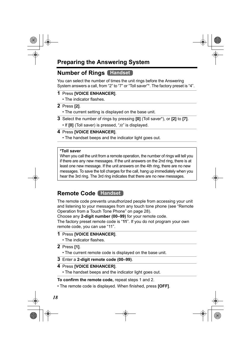 Preparing the answering system, Number of rings, Remote code | Panasonic KX-TG2322 User Manual | Page 18 / 48