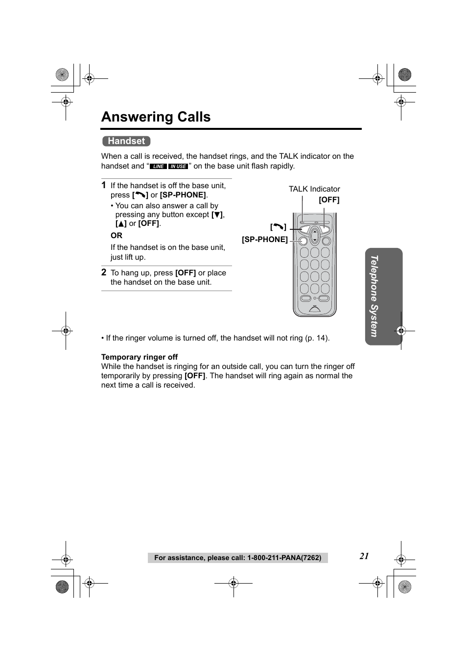 Answering calls | Panasonic KX-TG2322 User Manual | Page 21 / 48