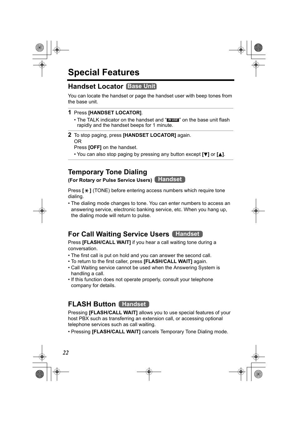 Special features, Handset locator, Temporary tone dialing | For call waiting service users, Flash button | Panasonic KX-TG2322 User Manual | Page 22 / 48