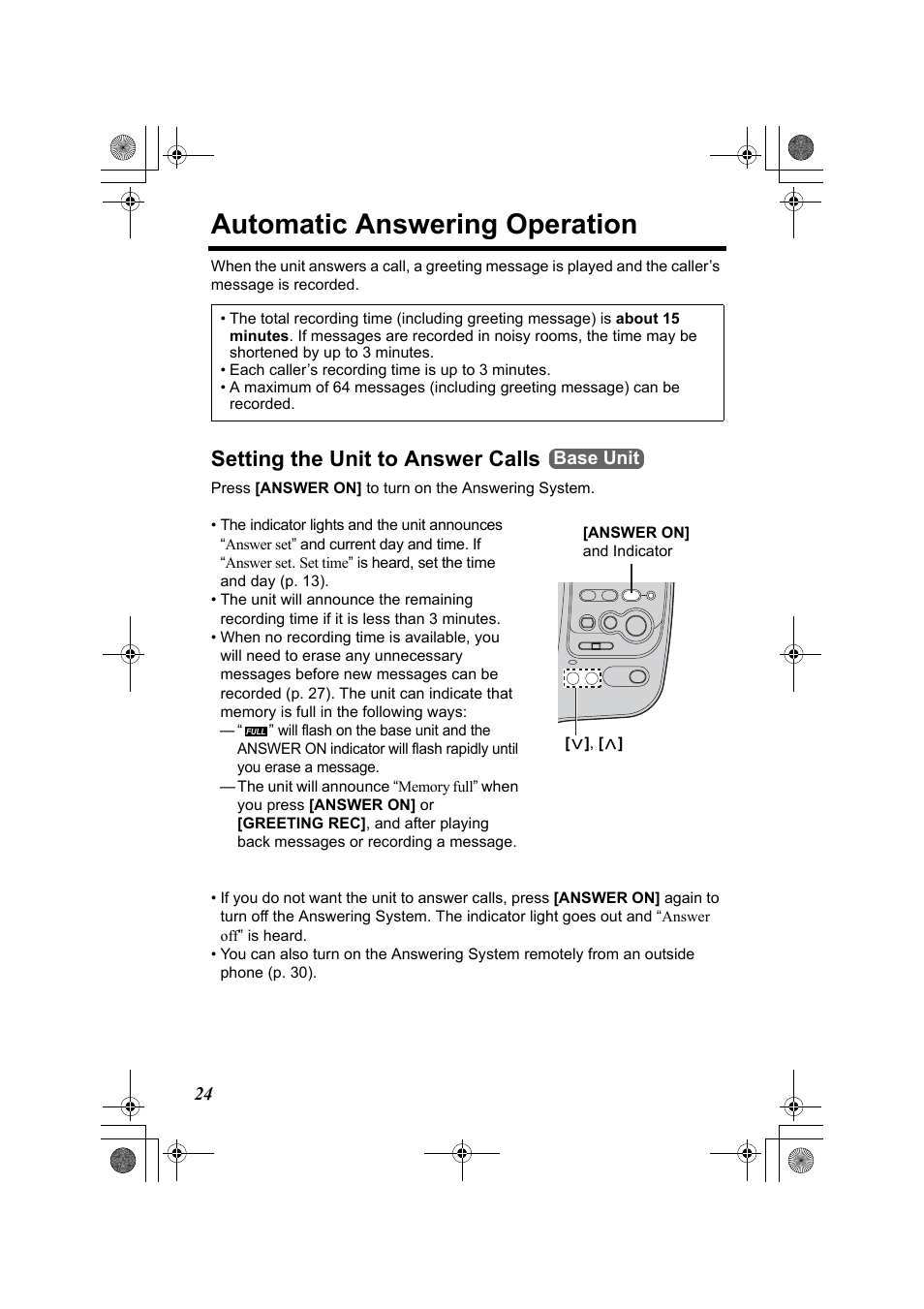 Answering system, Automatic answering operation, Setting the unit to answer calls | Panasonic KX-TG2322 User Manual | Page 24 / 48