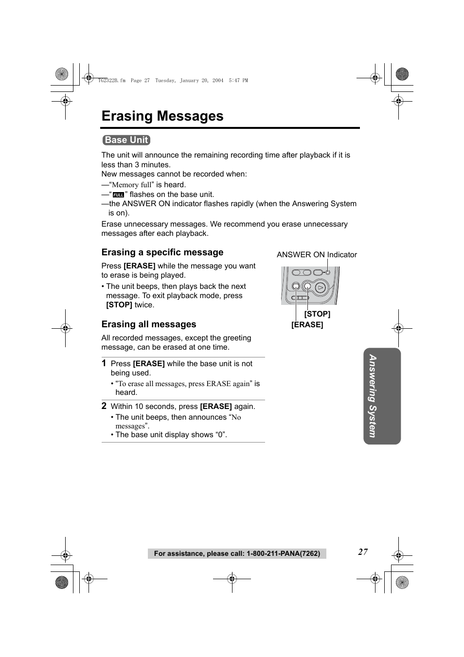 Erasing messages | Panasonic KX-TG2322 User Manual | Page 27 / 48