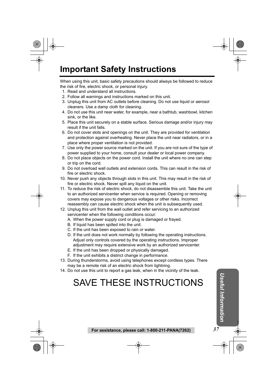 Important safety instructions, Save these instructions, Useful information | Panasonic KX-TG2322 User Manual | Page 37 / 48