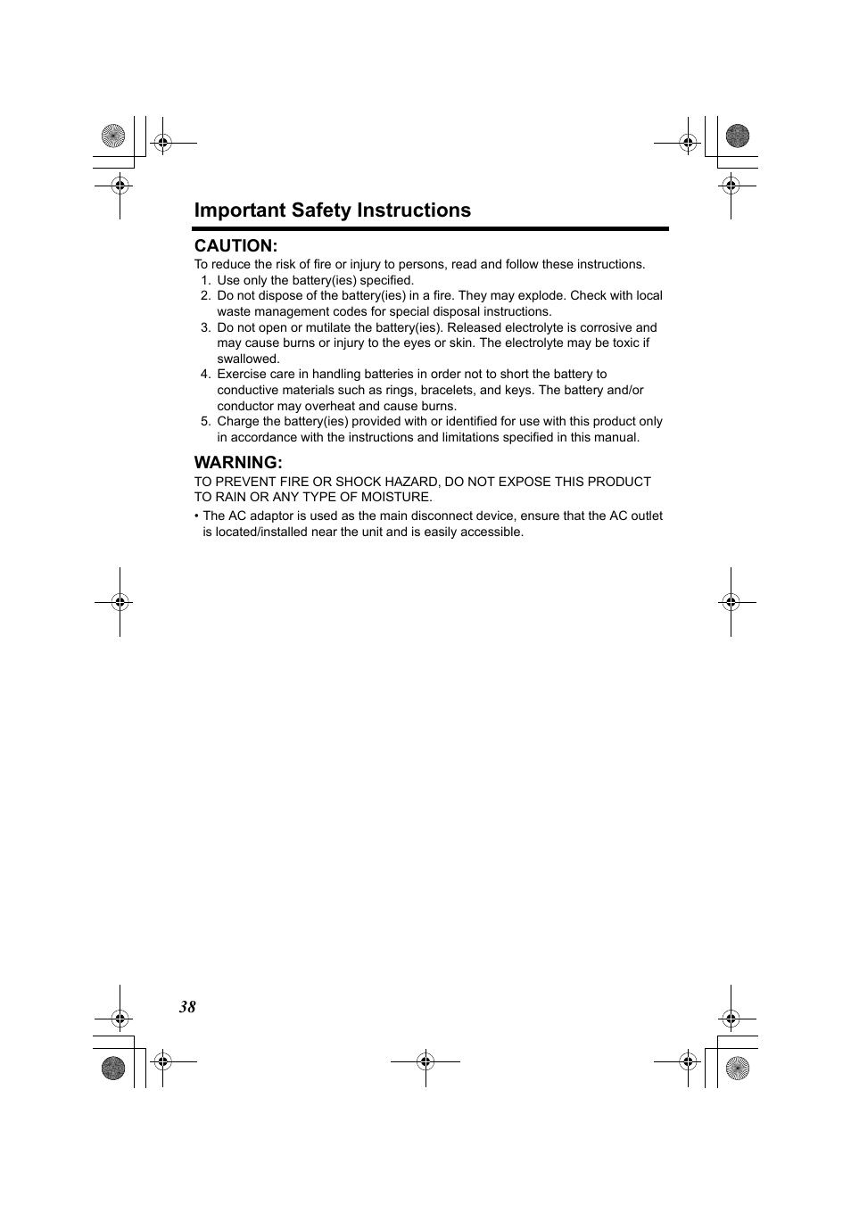 Important safety instructions, 38 caution, Warning | Panasonic KX-TG2322 User Manual | Page 38 / 48