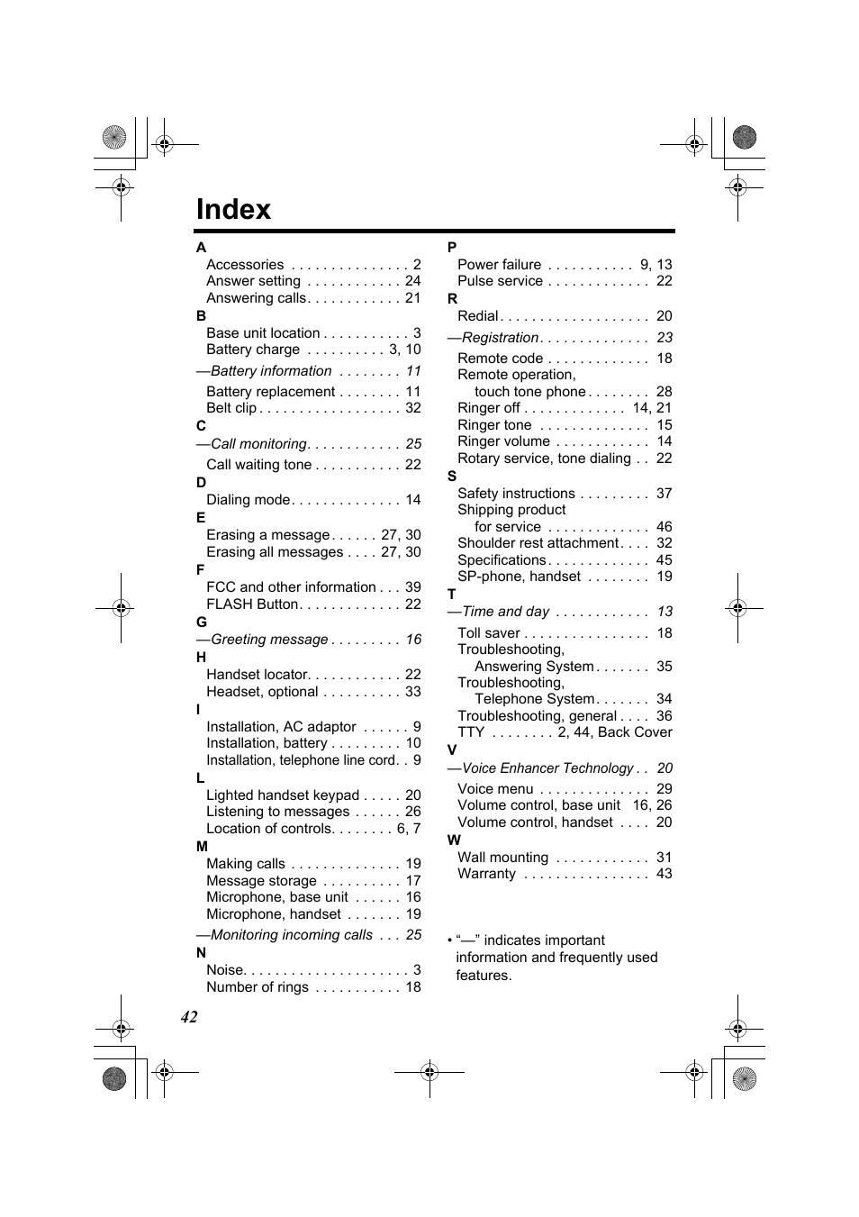 Index | Panasonic KX-TG2322 User Manual | Page 42 / 48
