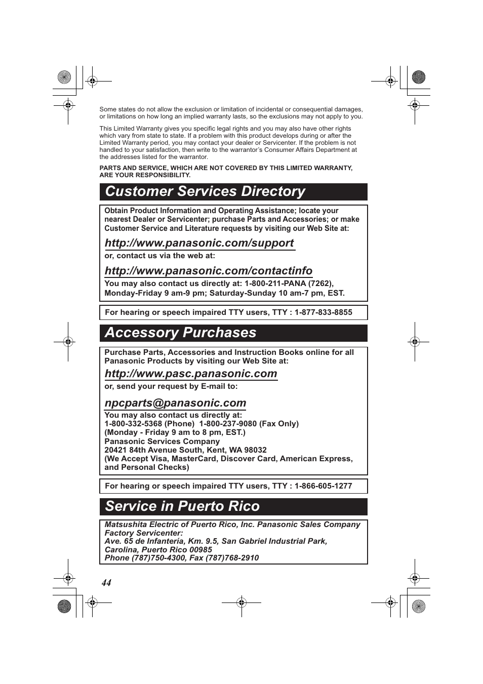 Customer services directory, Accessory purchases service in puerto rico | Panasonic KX-TG2322 User Manual | Page 44 / 48
