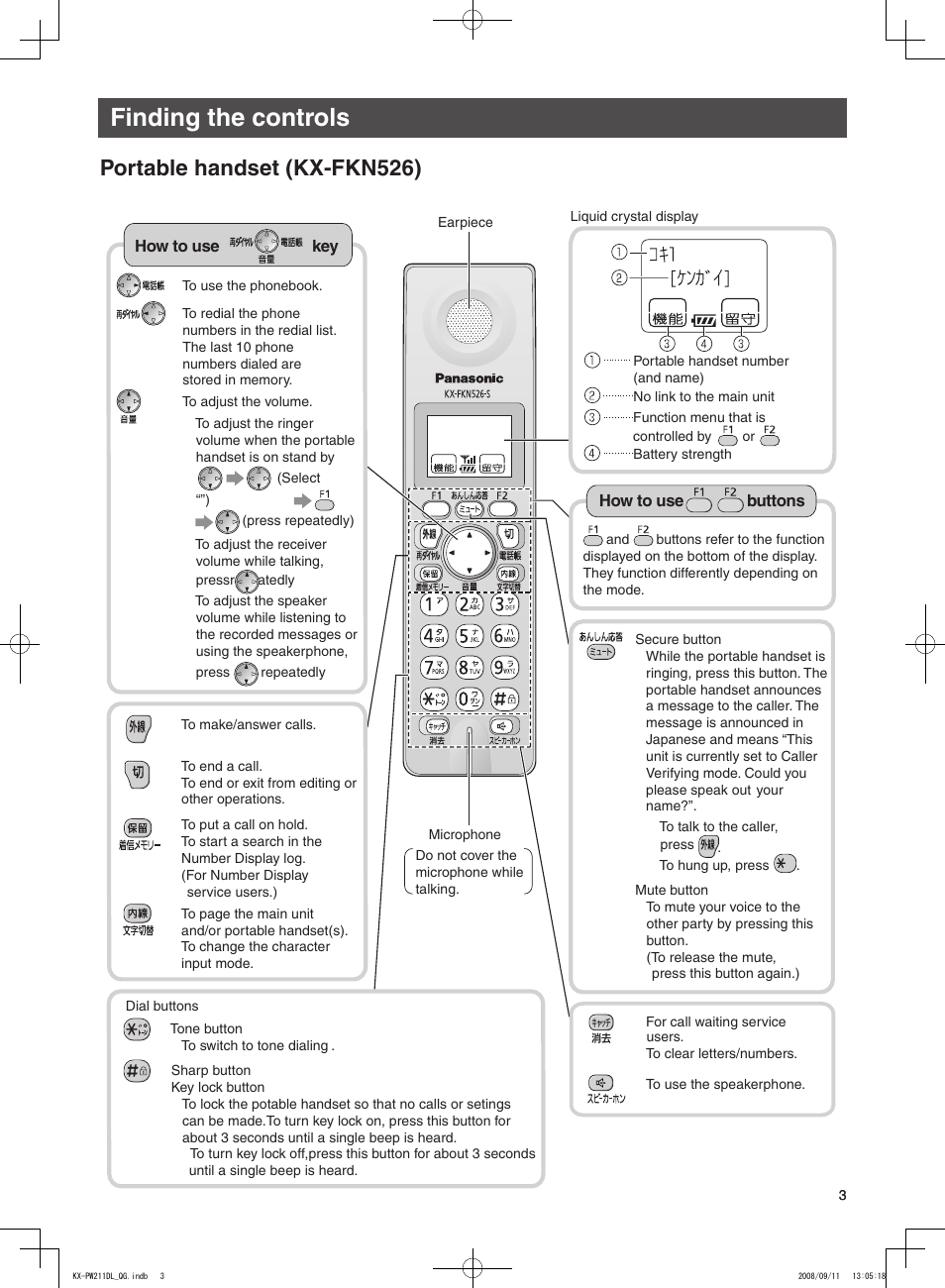 Finding the controls, Portable handset (kx-fkn526) | Panasonic KX-PW211DL User Manual | Page 3 / 20