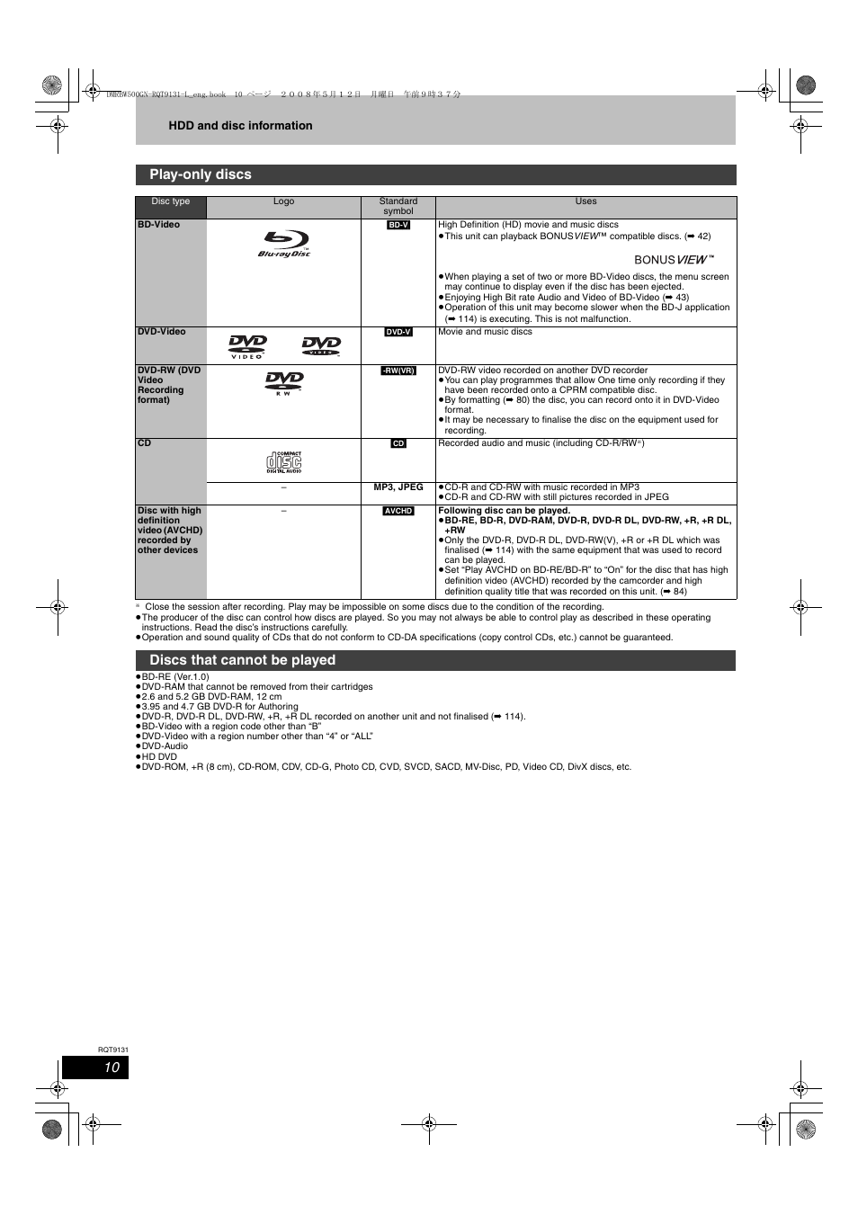 Play-only discs, Discs that cannot be played | Panasonic DMR-BW500 User Manual | Page 10 / 120