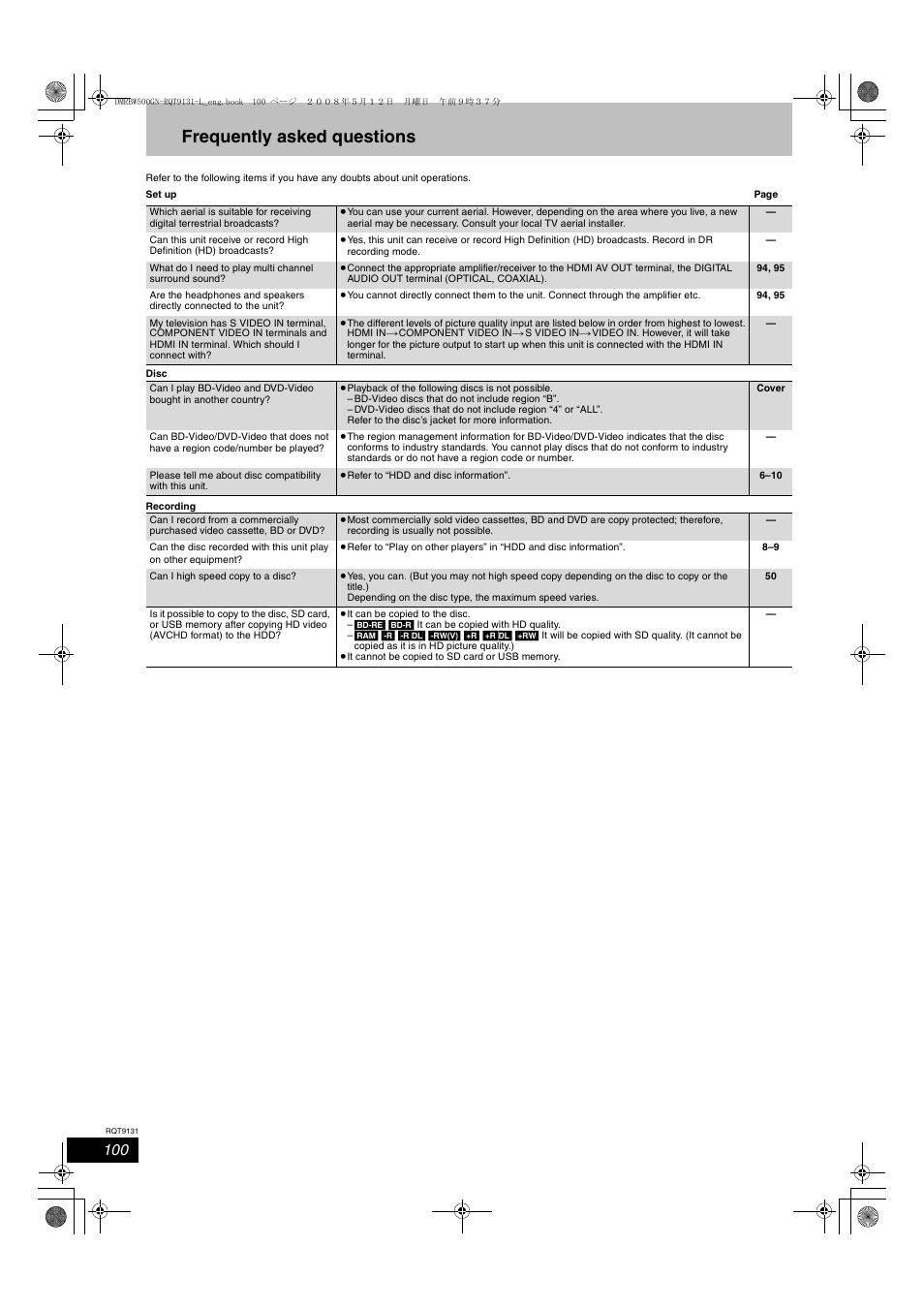 Frequently asked questions | Panasonic DMR-BW500 User Manual | Page 100 / 120