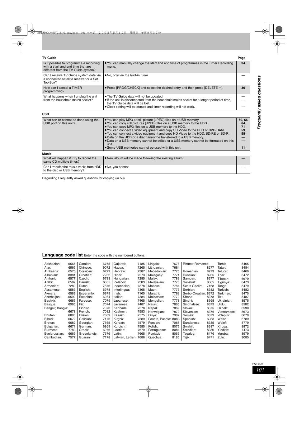 Language code list | Panasonic DMR-BW500 User Manual | Page 101 / 120