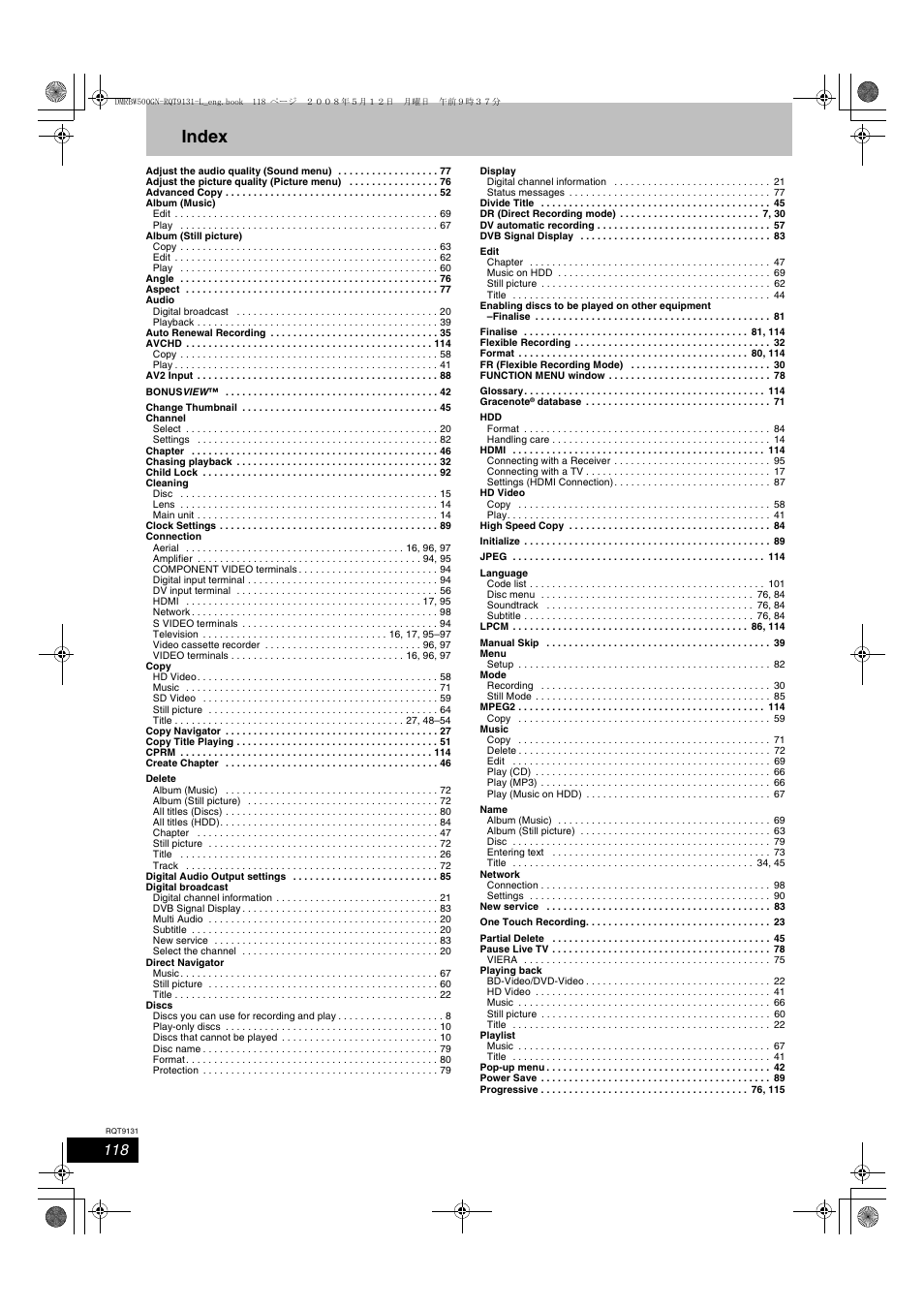 Index | Panasonic DMR-BW500 User Manual | Page 118 / 120