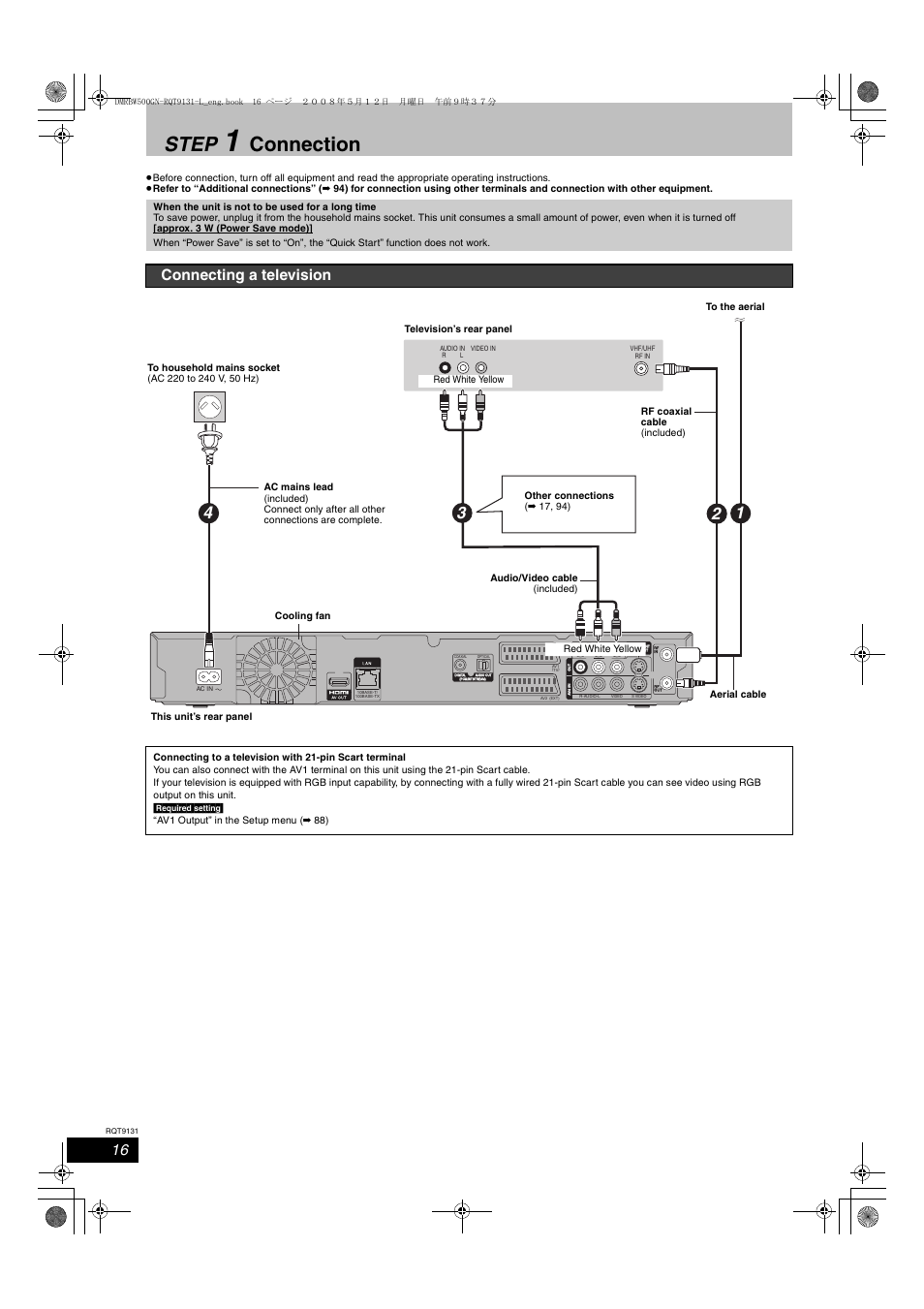 Step, Connection, Connecting a television | Panasonic DMR-BW500 User Manual | Page 16 / 120