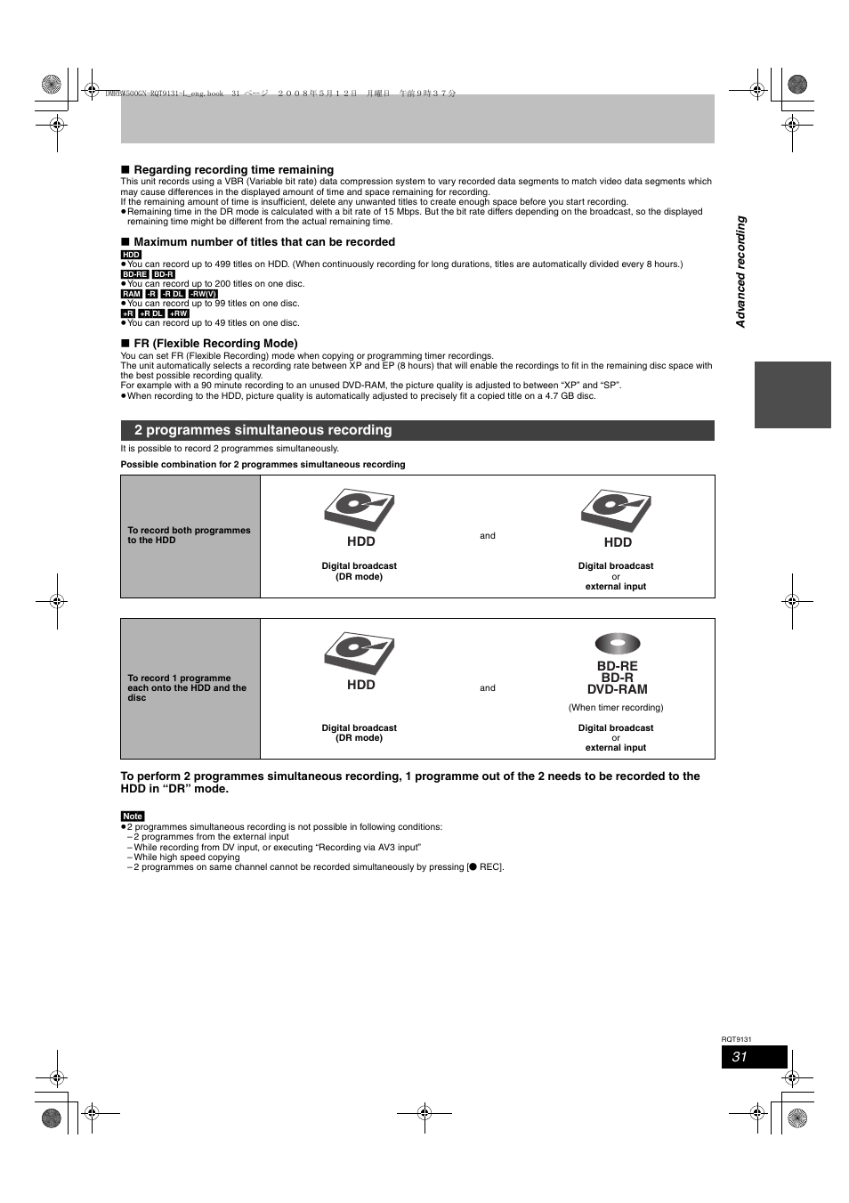 2 programmes simultaneous recording | Panasonic DMR-BW500 User Manual | Page 31 / 120