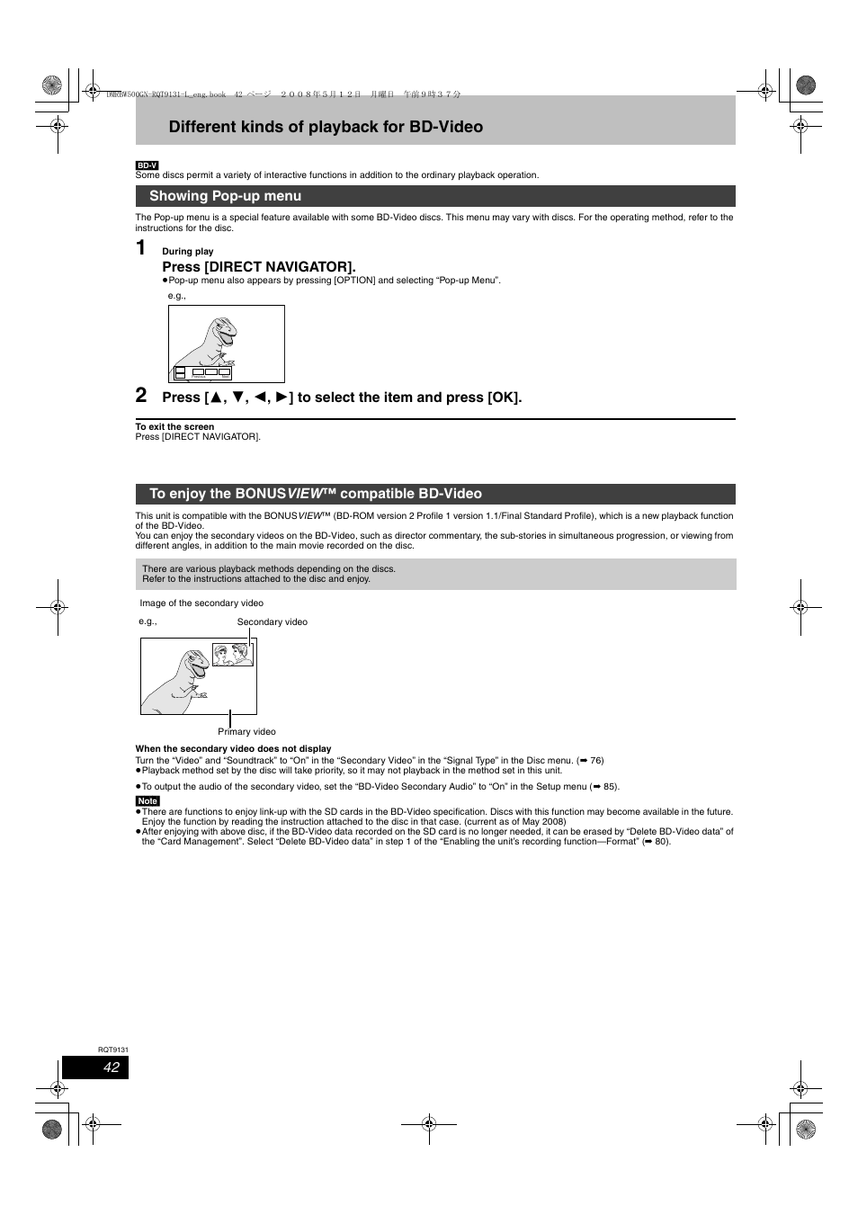 Different kinds of playback for bd-video, Press [direct navigator | Panasonic DMR-BW500 User Manual | Page 42 / 120