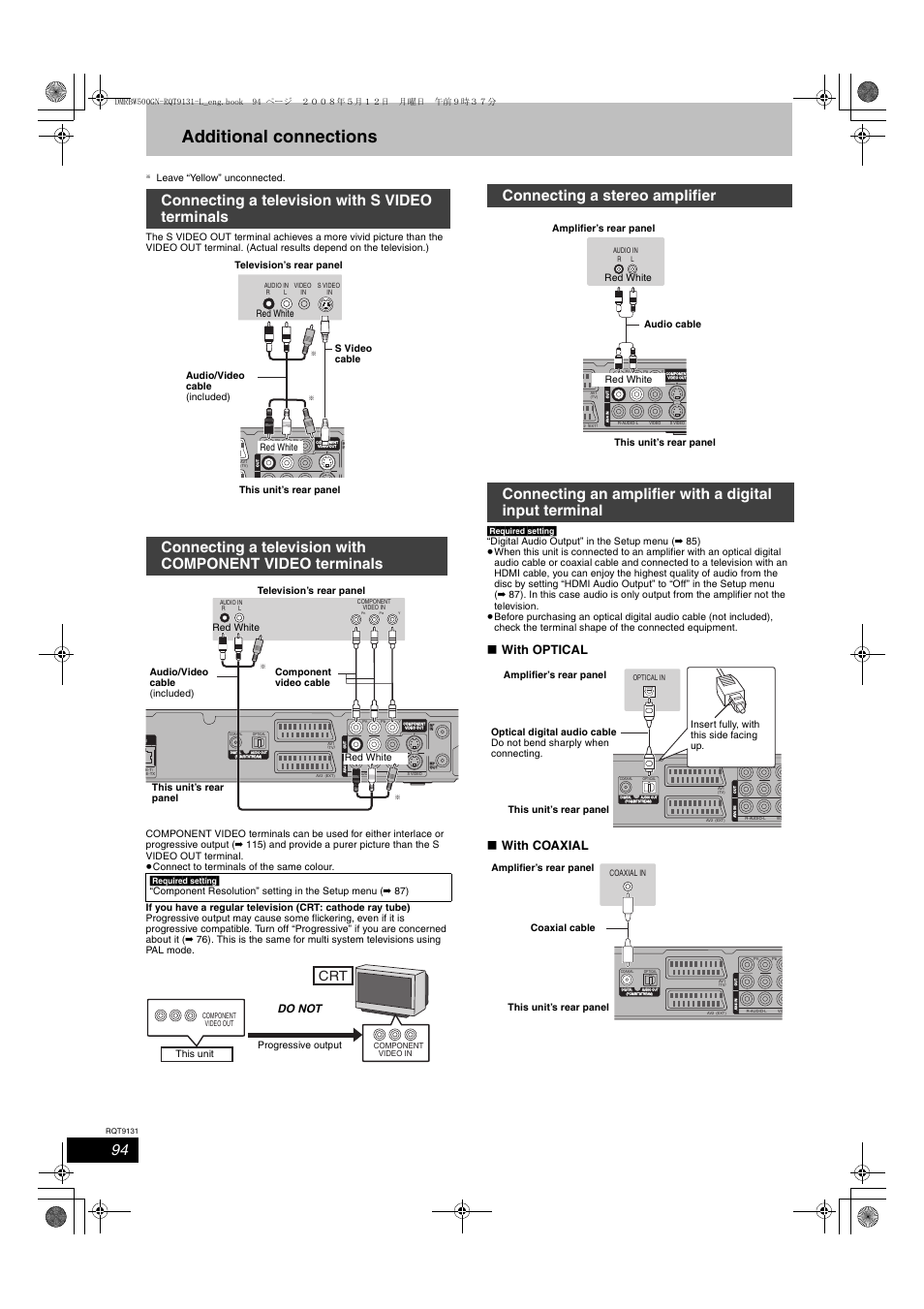 Additional connections, With optical ∫ with coaxial, Do not | Red white, This unit progressive output | Panasonic DMR-BW500 User Manual | Page 94 / 120