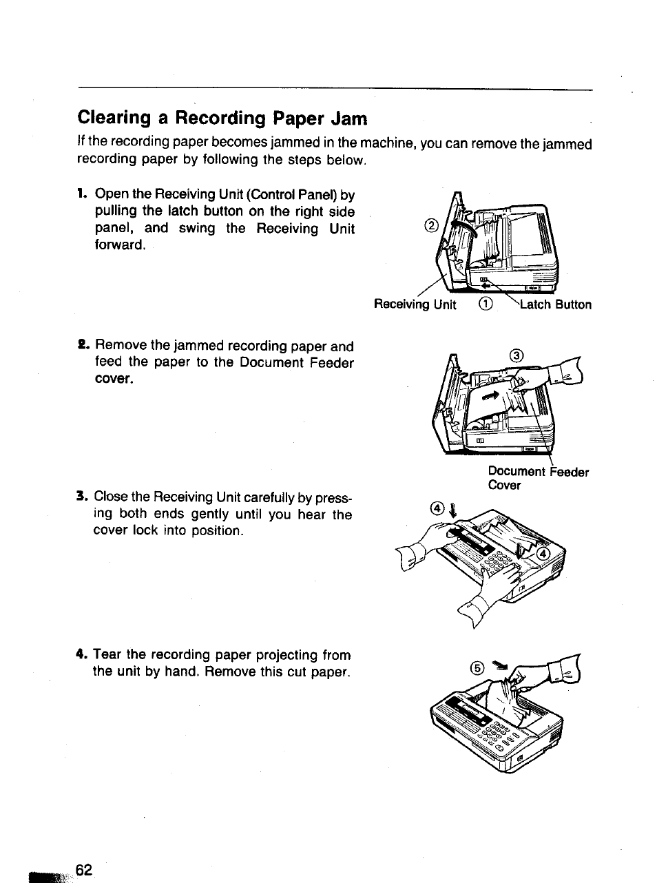 Clearing a recording paper jam | Panasonic Panafax UF-120 User Manual | Page 62 / 68